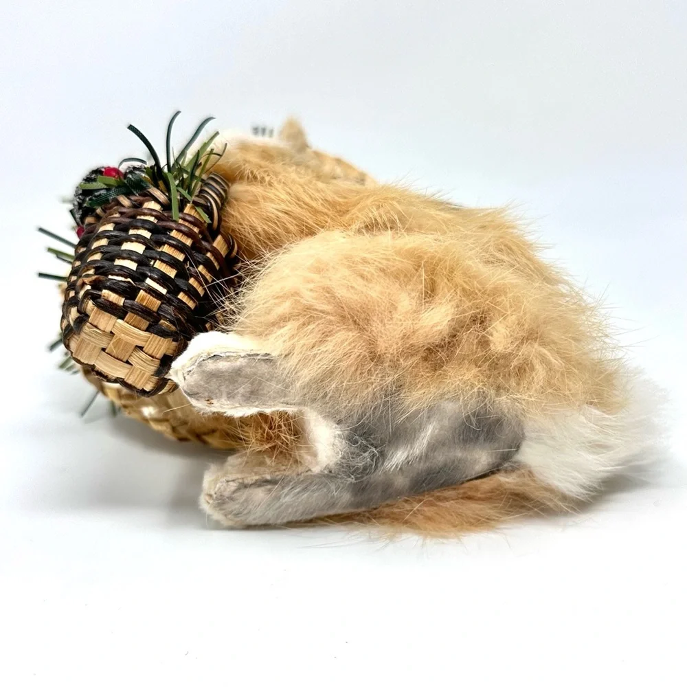 Vintage Miniature Real Fur Cat Figurine with Christmas Hat & Basket Buff White